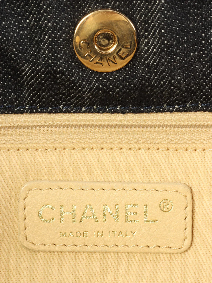 Chanel Around 2005 Made Denim Airplane Cc Mark Embroidered Chain Tote Bag Indigo