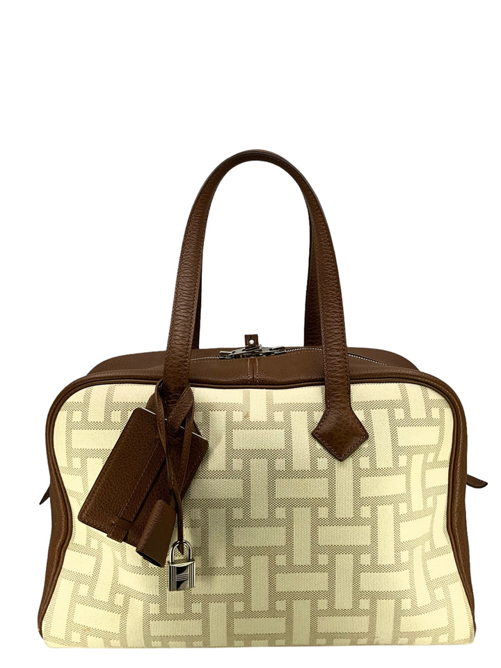 Top quality Hermes Victoria Printed Toile And Brown Leather Bag