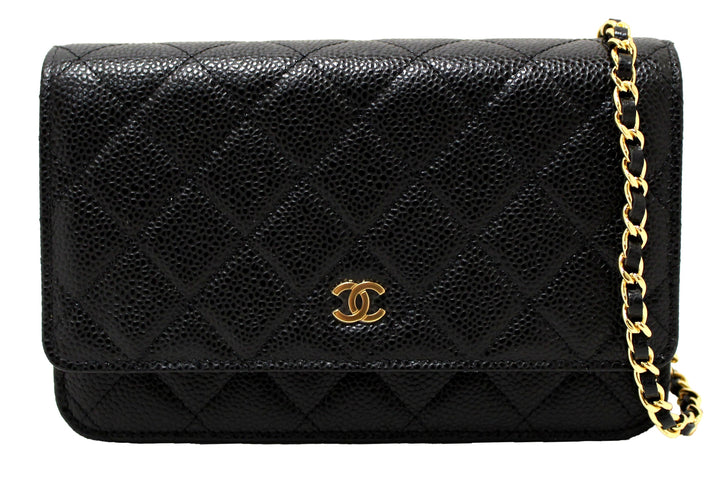 NEW Top Quality Chanel Black Quilted Caviar Leather Wallet On Chain WOC Messenger Bag