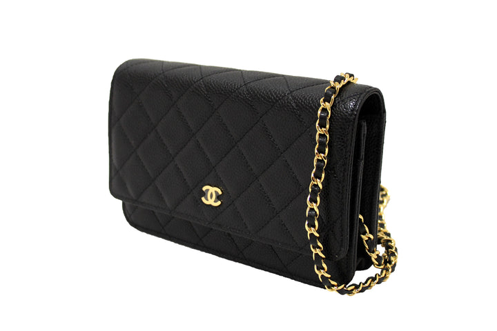 NEW Top Quality Chanel Black Quilted Caviar Leather Wallet On Chain WOC Messenger Bag