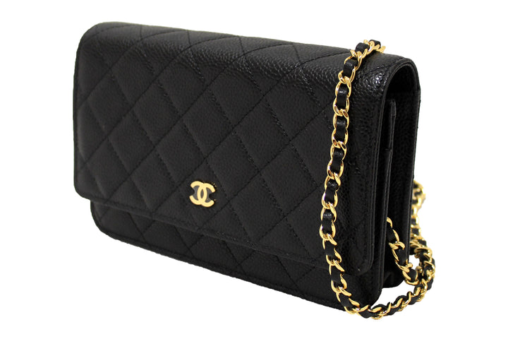 NEW Top Quality Chanel Black Quilted Caviar Leather Wallet On Chain WOC Messenger Bag