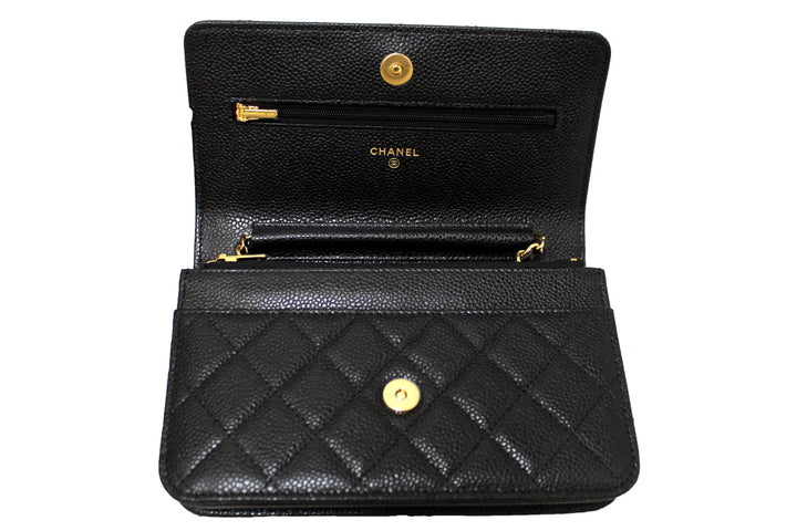 NEW Top Quality Chanel Black Quilted Caviar Leather Wallet On Chain WOC Messenger Bag