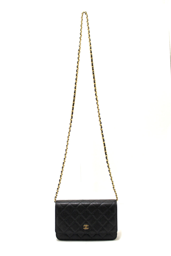 NEW Top Quality Chanel Black Quilted Caviar Leather Wallet On Chain WOC Messenger Bag