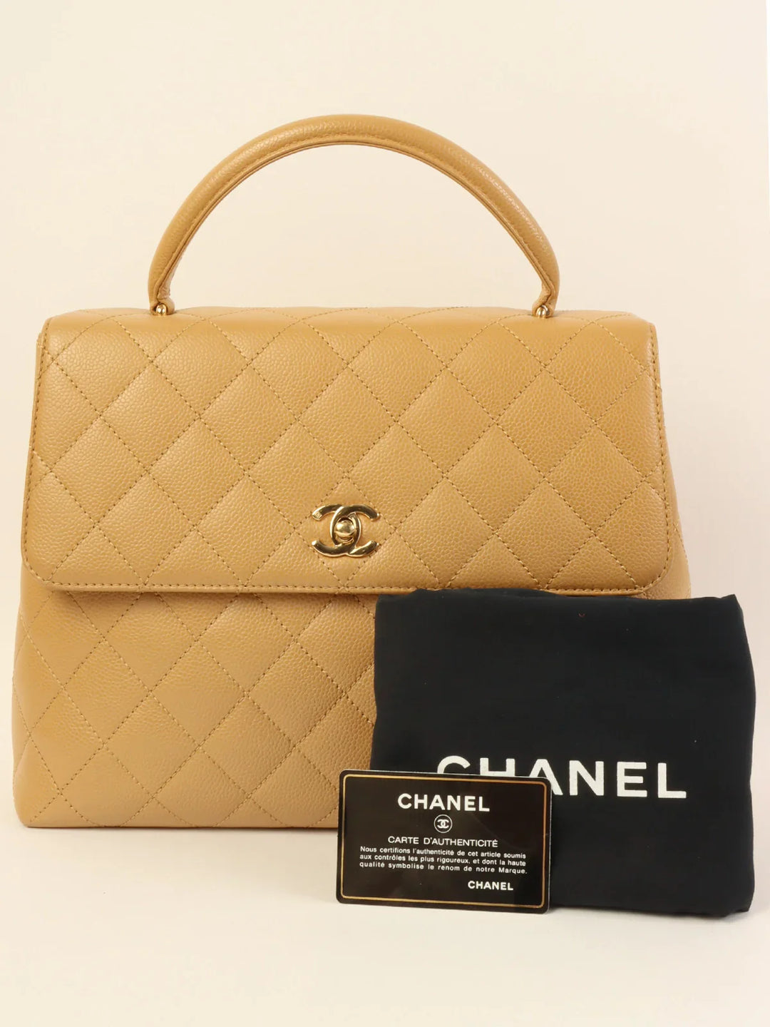 Chanel Around 2003 Made Caviar Skin Turn-Lock Top Handle Bag Beige