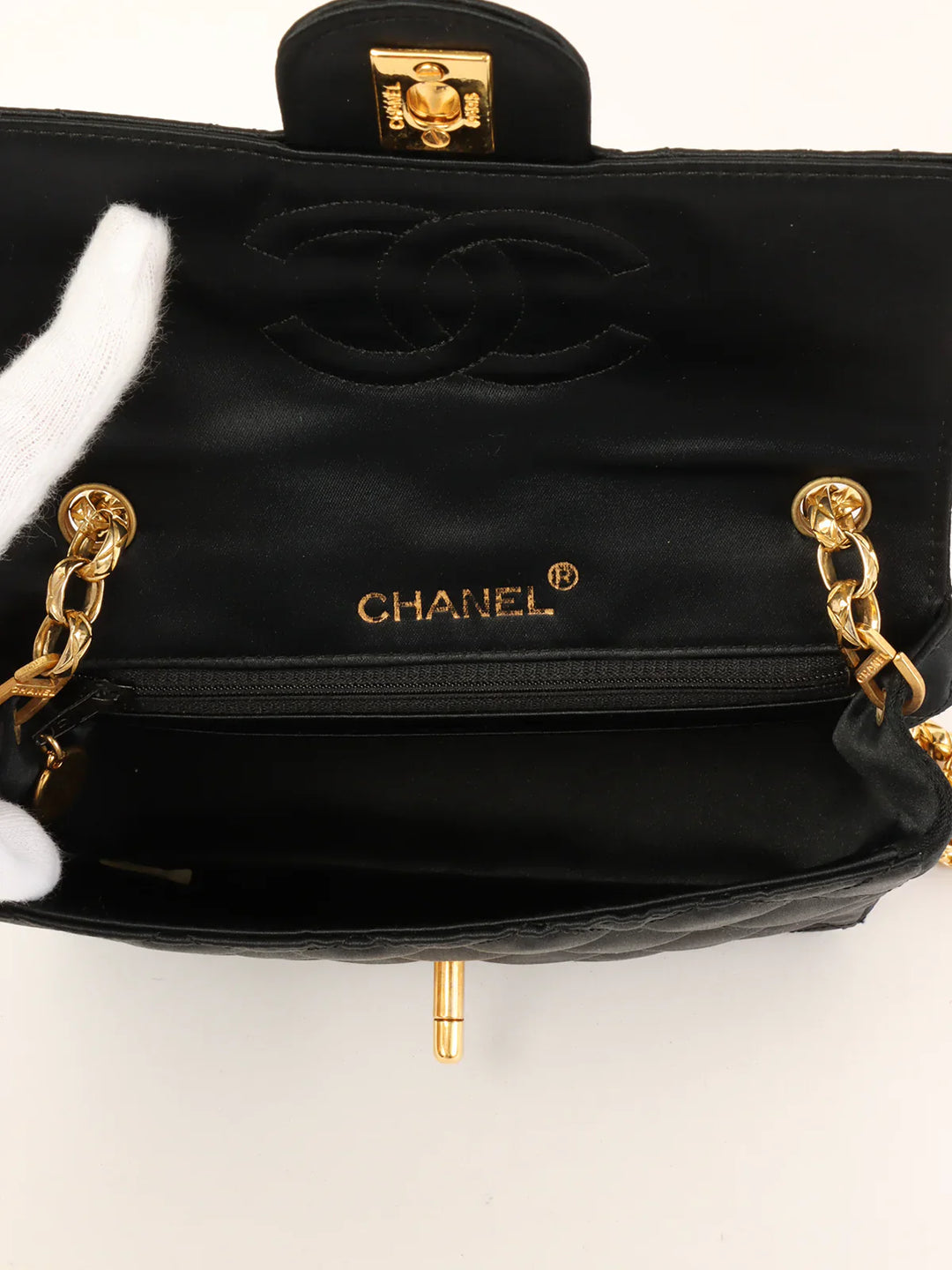 Chanel Around 1990 Made Silk Satin Classic New Bijoux Chain Mini Black