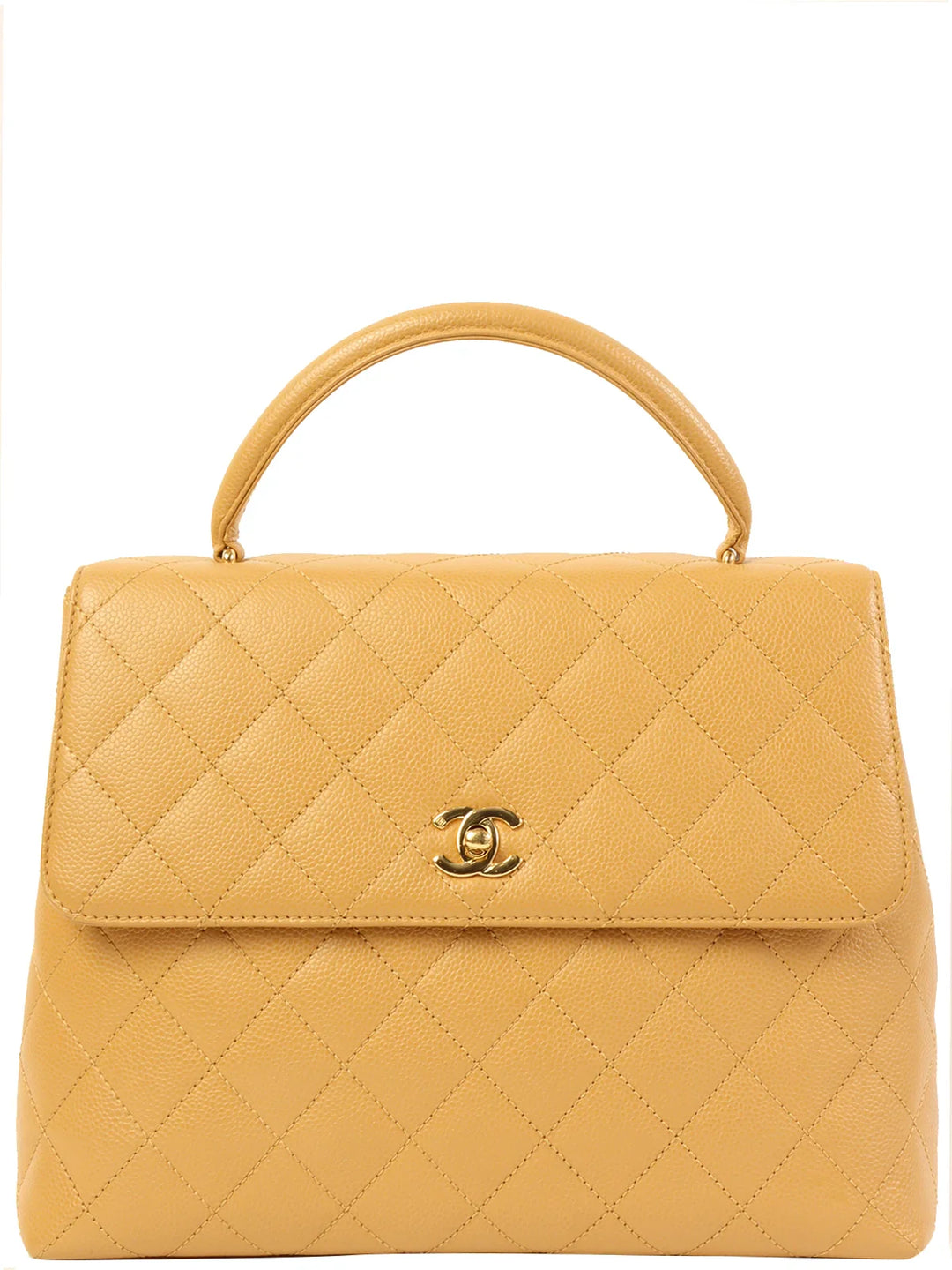 Chanel Around 2003 Made Caviar Skin Turn-Lock Top Handle Bag Beige