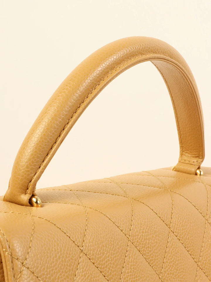 Chanel Around 2003 Made Caviar Skin Turn-Lock Top Handle Bag Beige