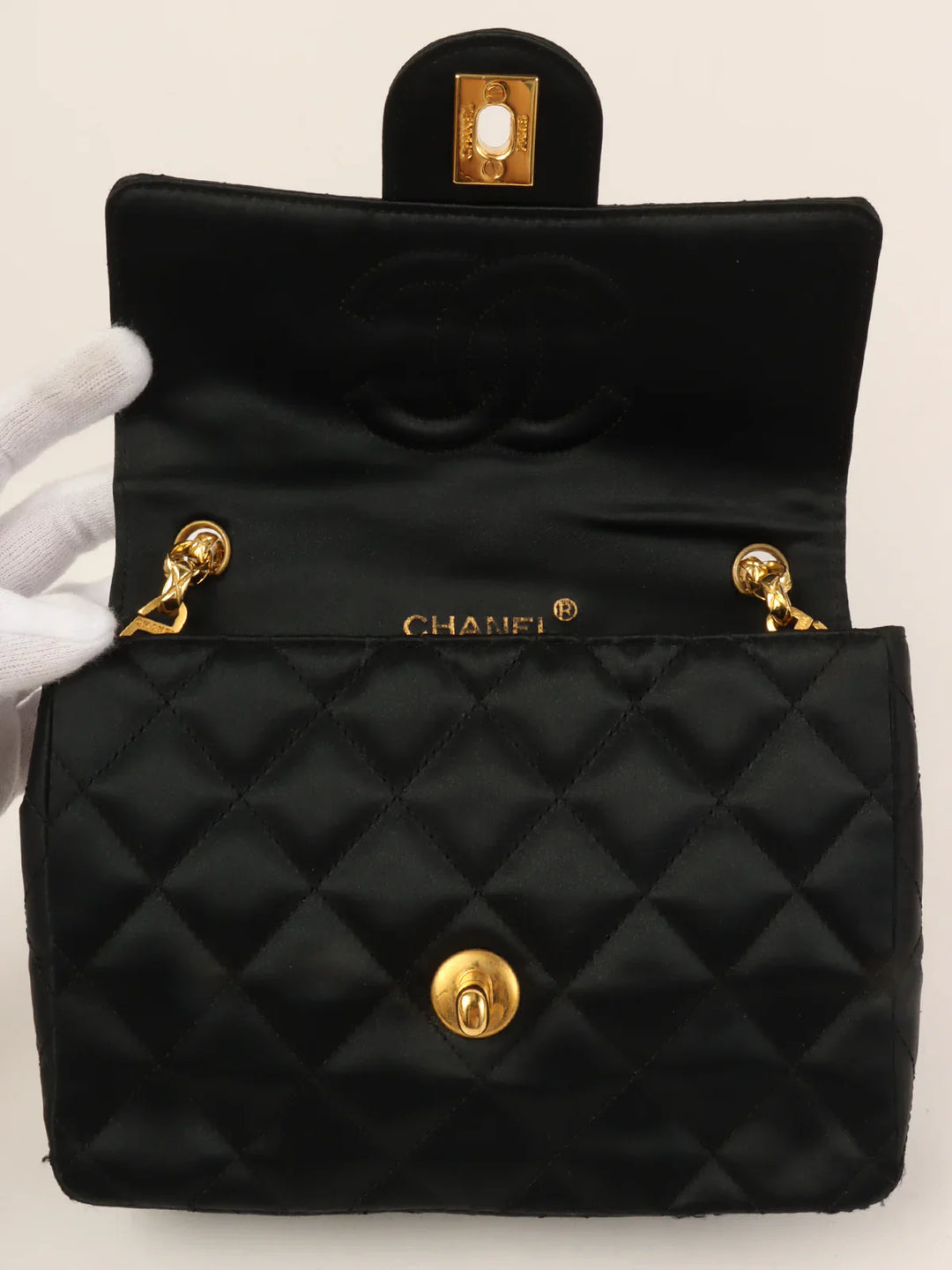 Chanel Around 1990 Made Silk Satin Classic New Bijoux Chain Mini Black