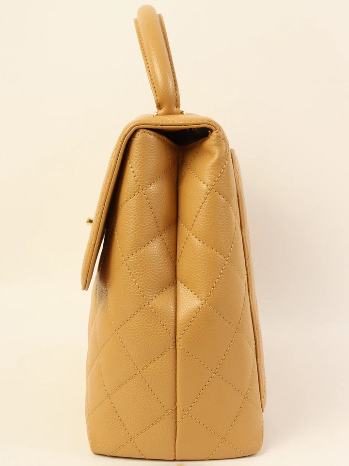 Chanel Around 2003 Made Caviar Skin Turn-Lock Top Handle Bag Beige