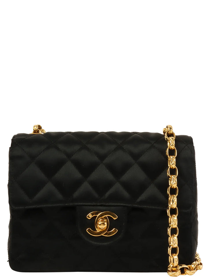 Chanel Around 1990 Made Silk Satin Classic New Bijoux Chain Mini Black