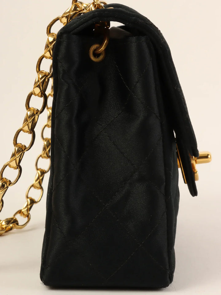 Chanel Around 1990 Made Silk Satin Classic New Bijoux Chain Mini Black