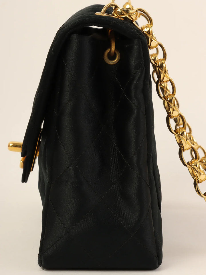 Chanel Around 1990 Made Silk Satin Classic New Bijoux Chain Mini Black