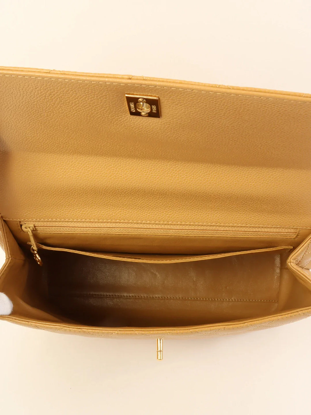 Chanel Around 2003 Made Caviar Skin Turn-Lock Top Handle Bag Beige