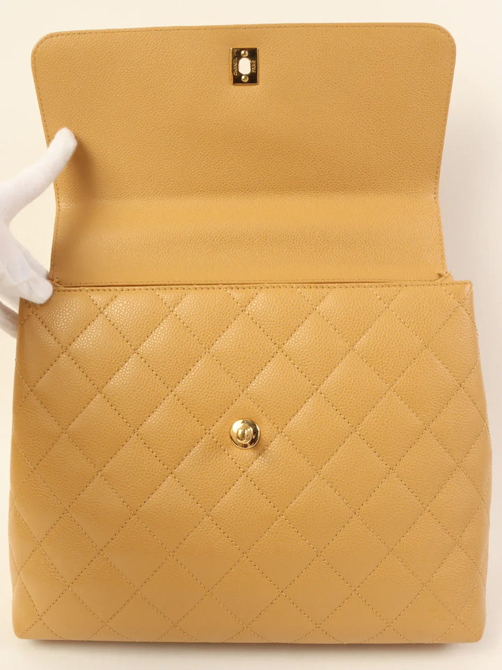 Chanel Around 2003 Made Caviar Skin Turn-Lock Top Handle Bag Beige