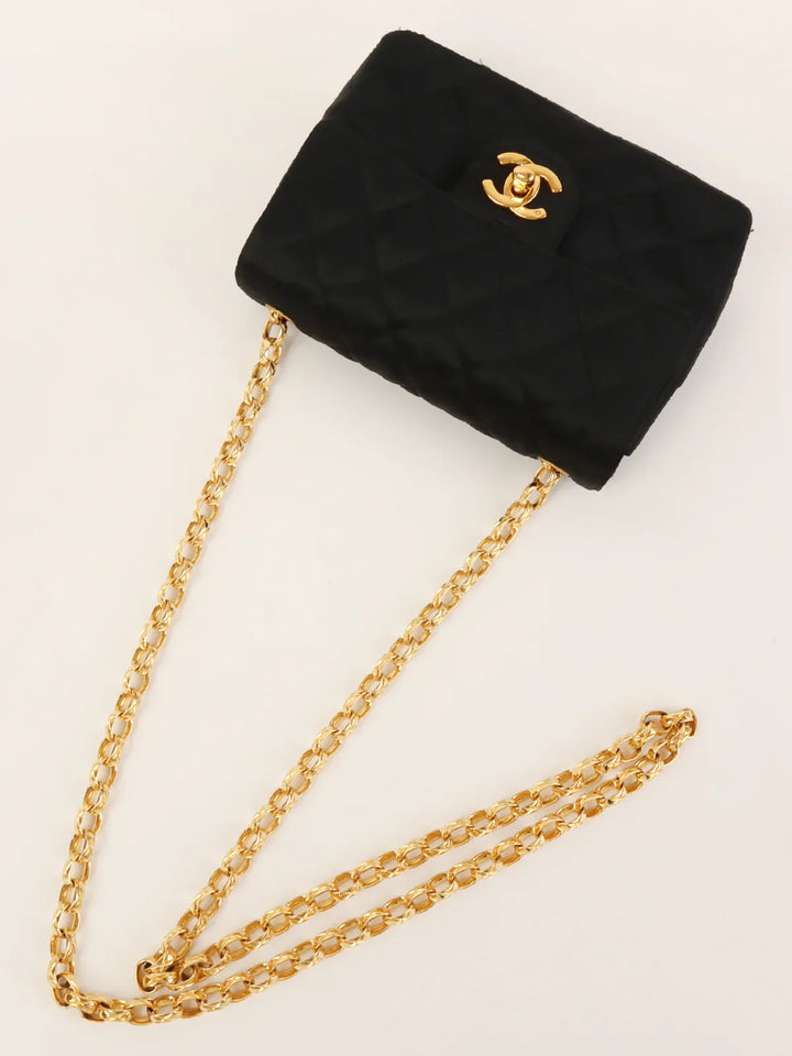 Chanel Around 1990 Made Silk Satin Classic New Bijoux Chain Mini Black