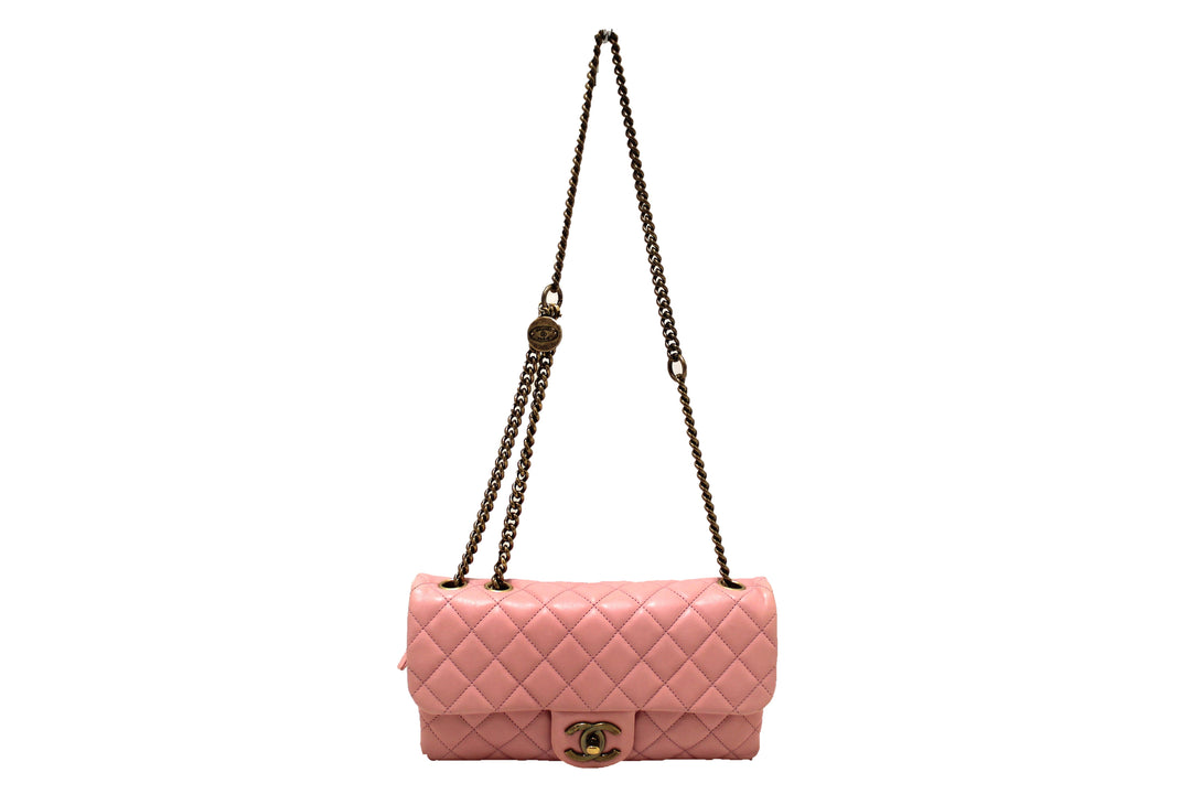 Top Quality Chanel Pink Calfskin Leather Zipped Back Pocket Calfskin Flap Bag