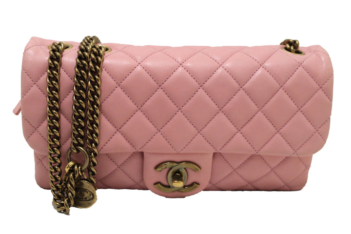 chanel pink calfskin leather zipped back pocket calfskin flap bag | Shop Now at Italystation.com