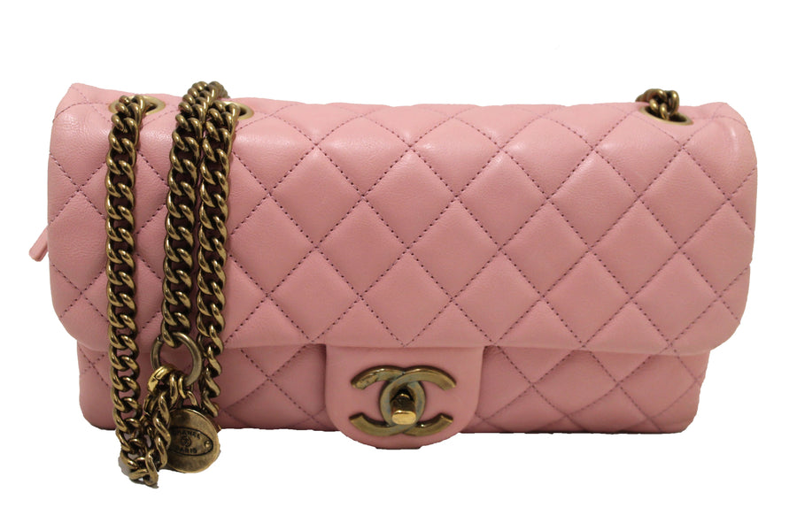 chanel pink calfskin leather zipped back pocket calfskin flap bag | Shop Now at Italystation.com