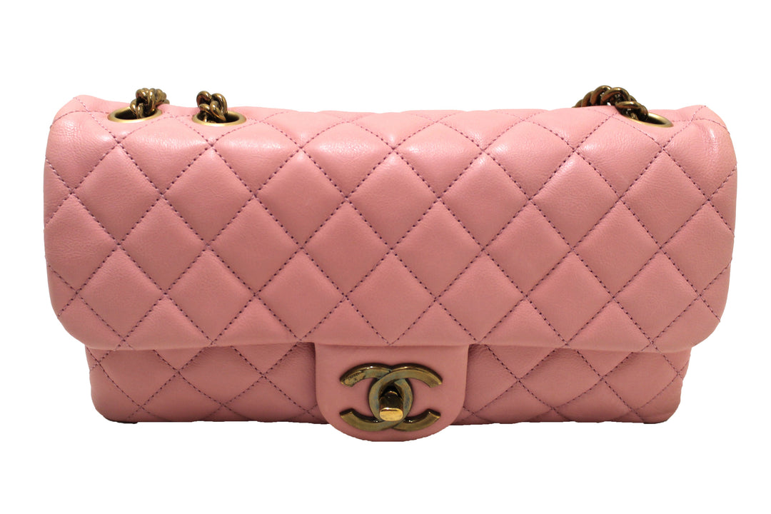 Top Quality Chanel Pink Calfskin Leather Zipped Back Pocket Calfskin Flap Bag