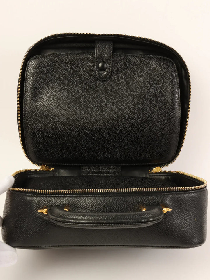 Chanel Around 1997 Made Caviar Skin Cc Mark Stitch 2Way Vanity Black