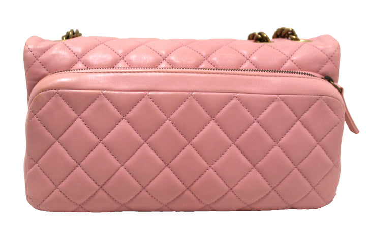 Top Quality Chanel Pink Calfskin Leather Zipped Back Pocket Calfskin Flap Bag