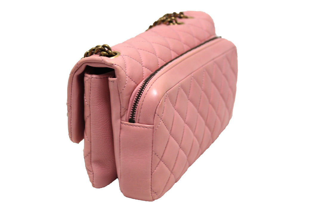 Top Quality Chanel Pink Calfskin Leather Zipped Back Pocket Calfskin Flap Bag
