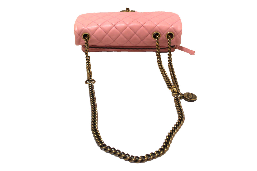 Top Quality Chanel Pink Calfskin Leather Zipped Back Pocket Calfskin Flap Bag