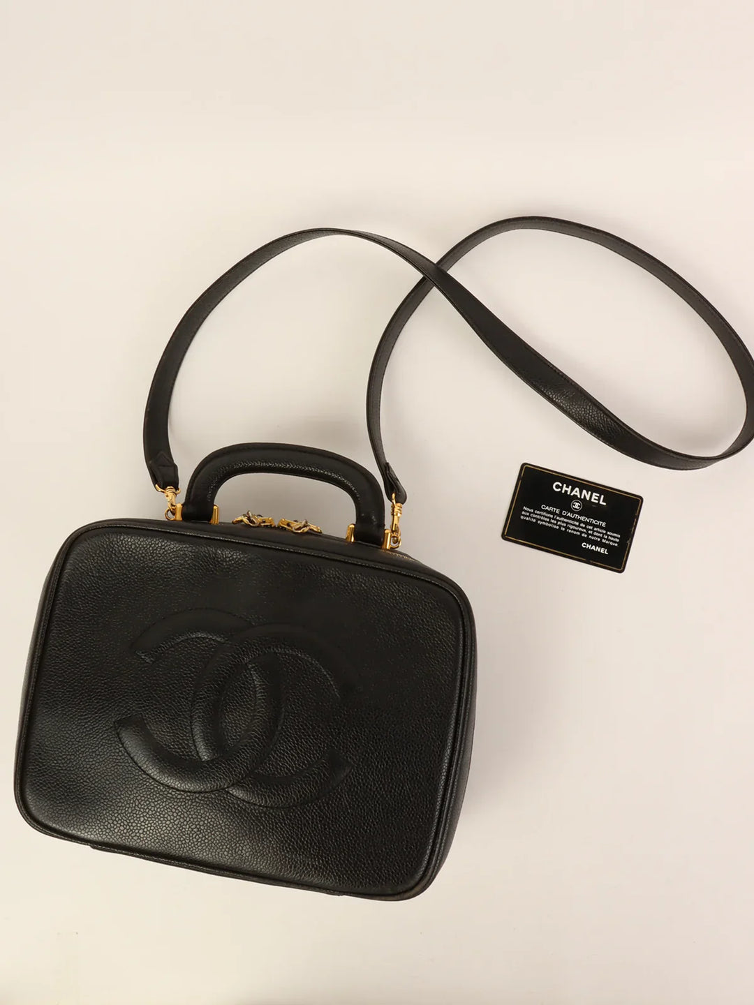 Chanel Around 1997 Made Caviar Skin Cc Mark Stitch 2Way Vanity Black