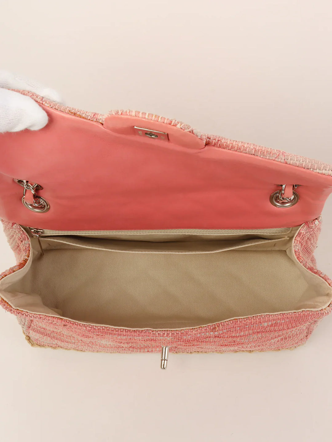 Chanel Around 2010 Made Linen Leather Combination Turn-Lock Chain Bag Pink/Beige