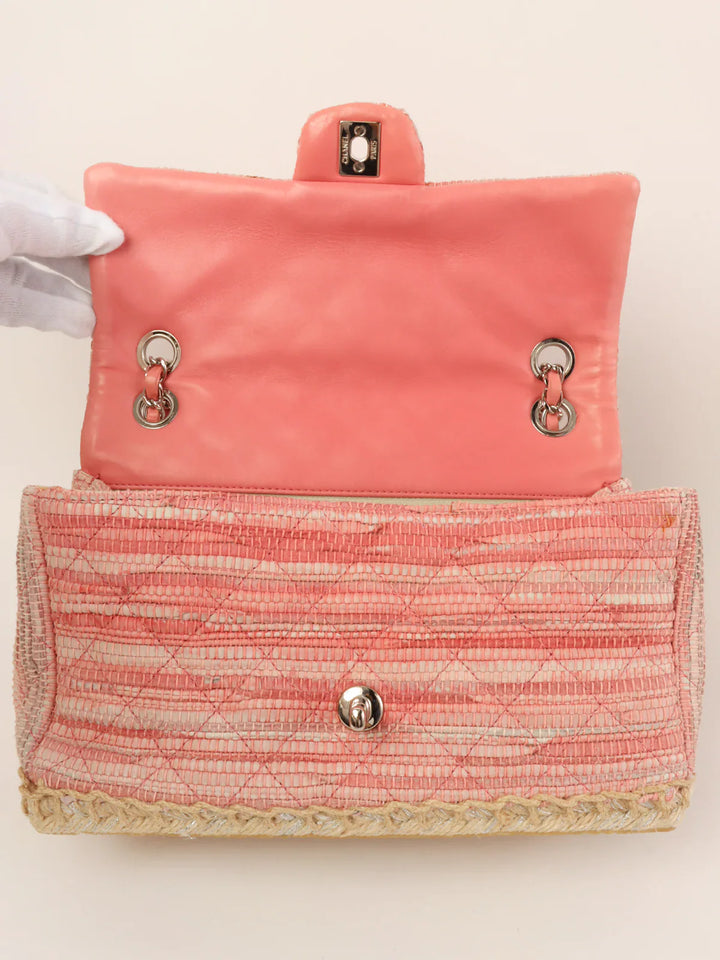 Chanel Around 2010 Made Linen Leather Combination Turn-Lock Chain Bag Pink/Beige