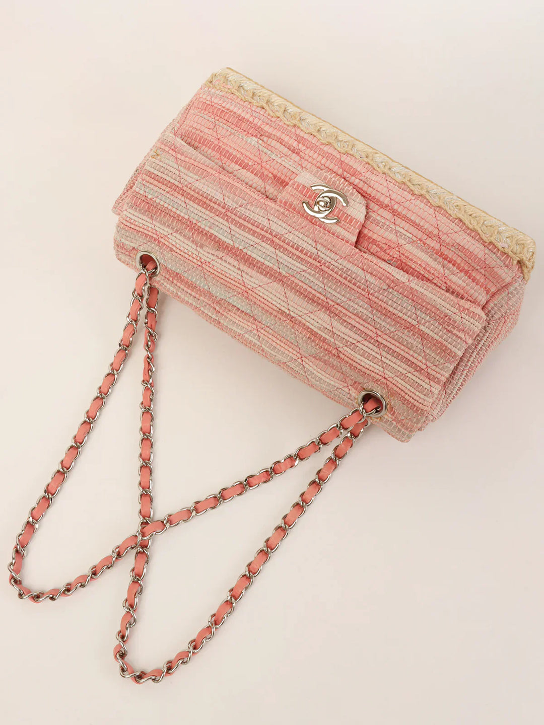 Chanel Around 2010 Made Linen Leather Combination Turn-Lock Chain Bag Pink/Beige