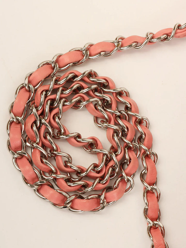 Chanel Around 2010 Made Linen Leather Combination Turn-Lock Chain Bag Pink/Beige