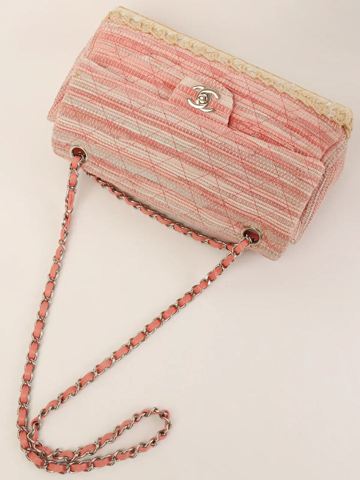 Chanel Around 2010 Made Linen Leather Combination Turn-Lock Chain Bag Pink/Beige