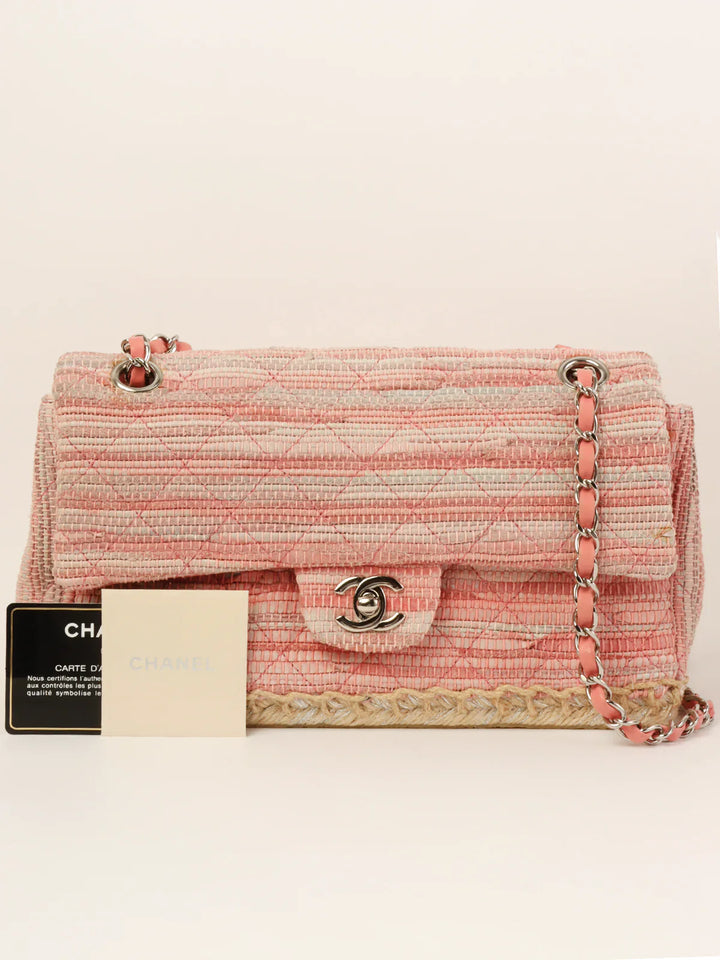 Chanel Around 2010 Made Linen Leather Combination Turn-Lock Chain Bag Pink/Beige