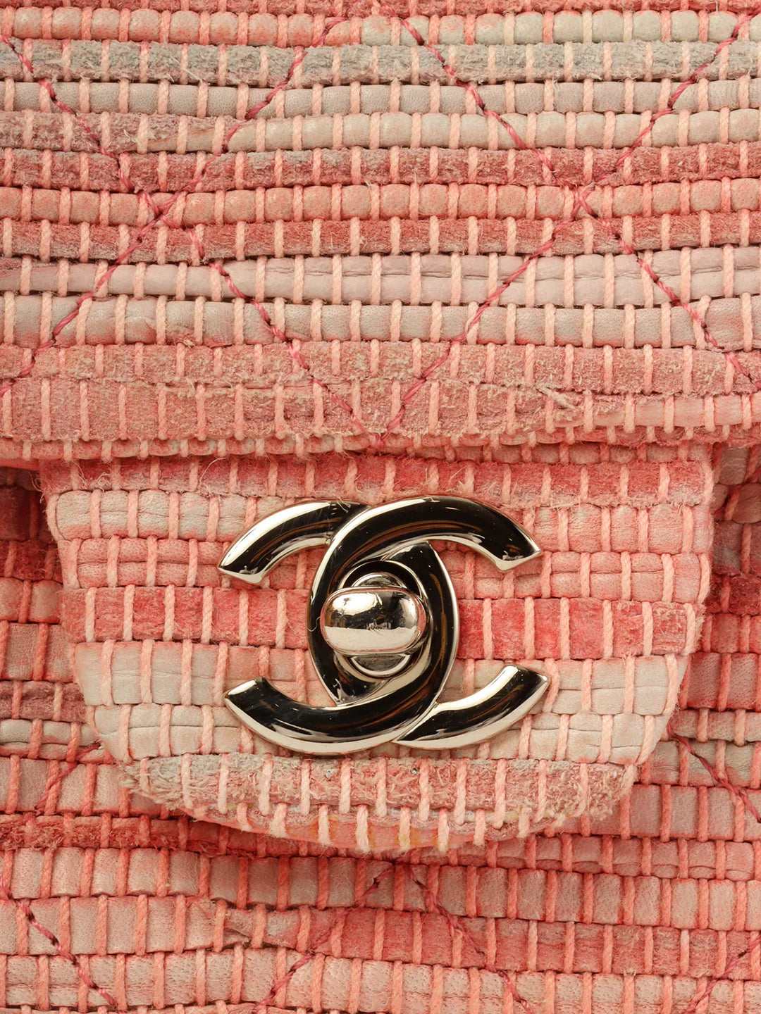 Chanel Around 2010 Made Linen Leather Combination Turn-Lock Chain Bag Pink/Beige