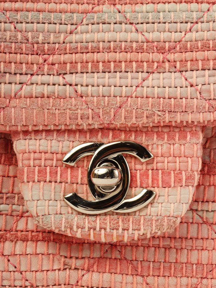 Chanel Around 2010 Made Linen Leather Combination Turn-Lock Chain Bag Pink/Beige