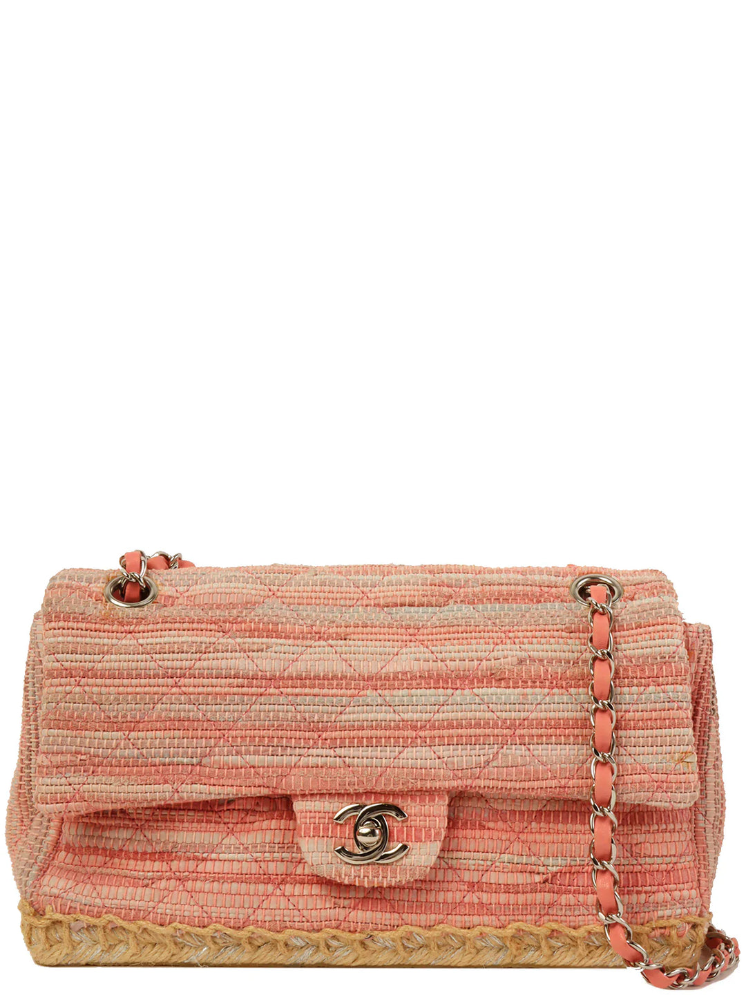 Chanel Around 2010 Made Linen Leather Combination Turn-Lock Chain Bag Pink/Beige