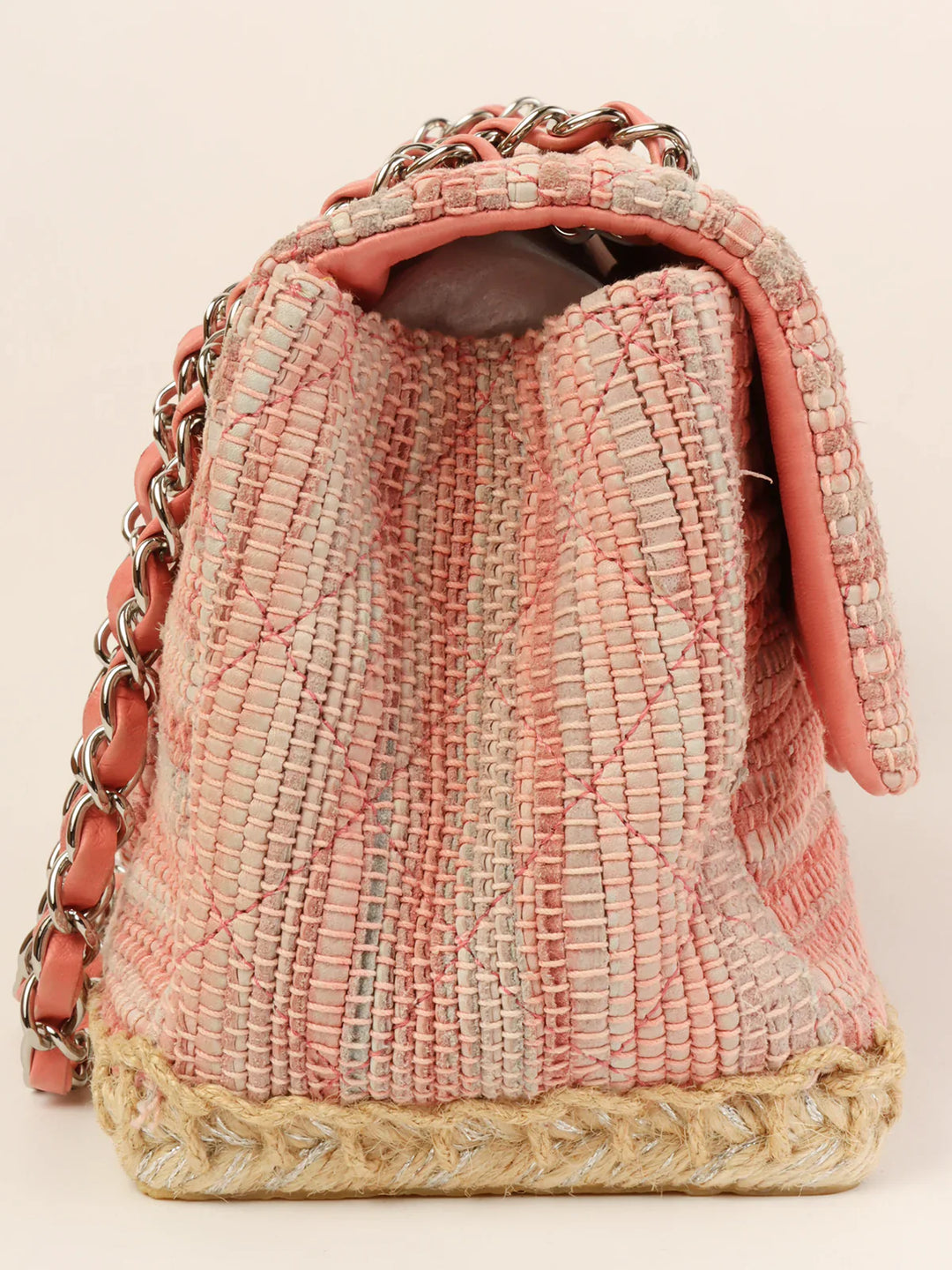 Chanel Around 2010 Made Linen Leather Combination Turn-Lock Chain Bag Pink/Beige