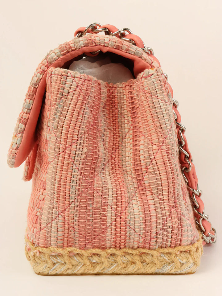 Chanel Around 2010 Made Linen Leather Combination Turn-Lock Chain Bag Pink/Beige