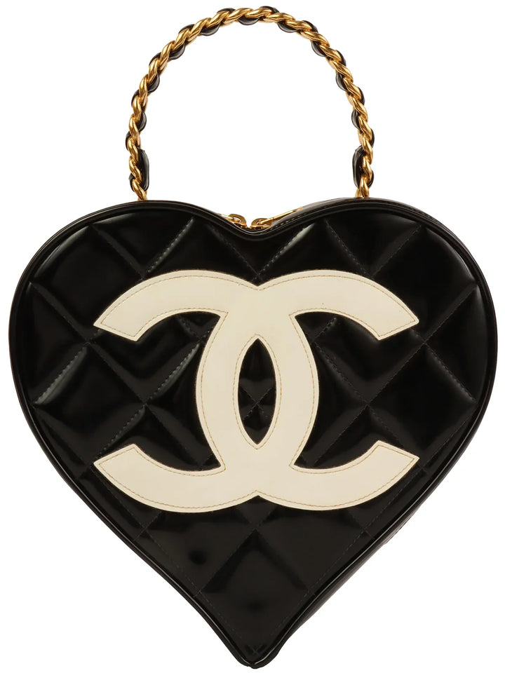 Chanel Around 1995 Made Patent Heart Cc Mark Stitch Vanity Black/White