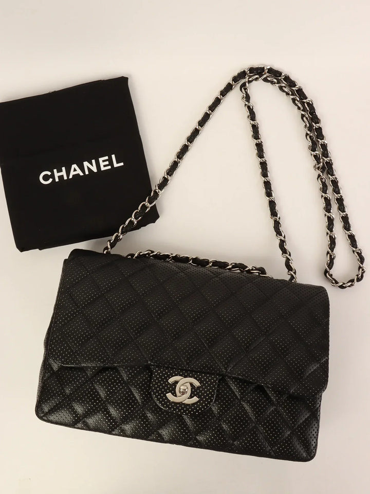 Chanel Around 2007 Punching Leather Turn-Lock Chain Shoulder Bag Black