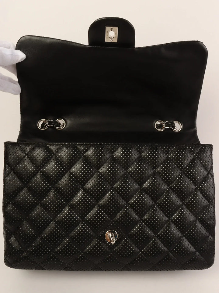 Chanel Around 2007 Punching Leather Turn-Lock Chain Shoulder Bag Black