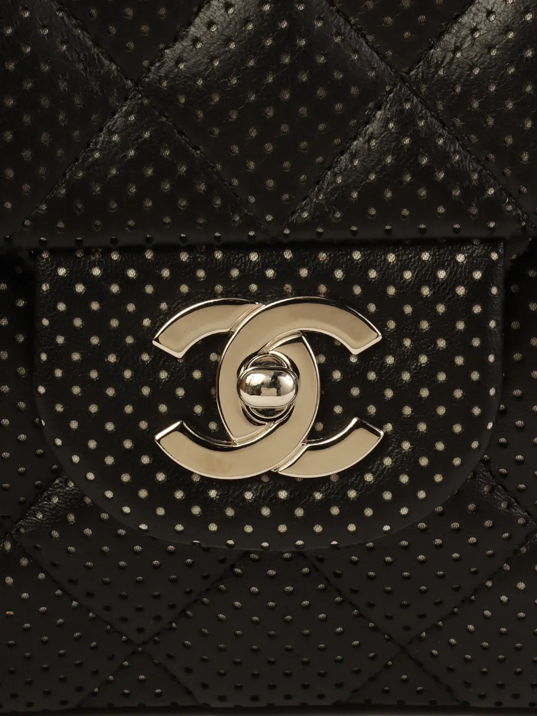 Chanel Around 2007 Punching Leather Turn-Lock Chain Shoulder Bag Black