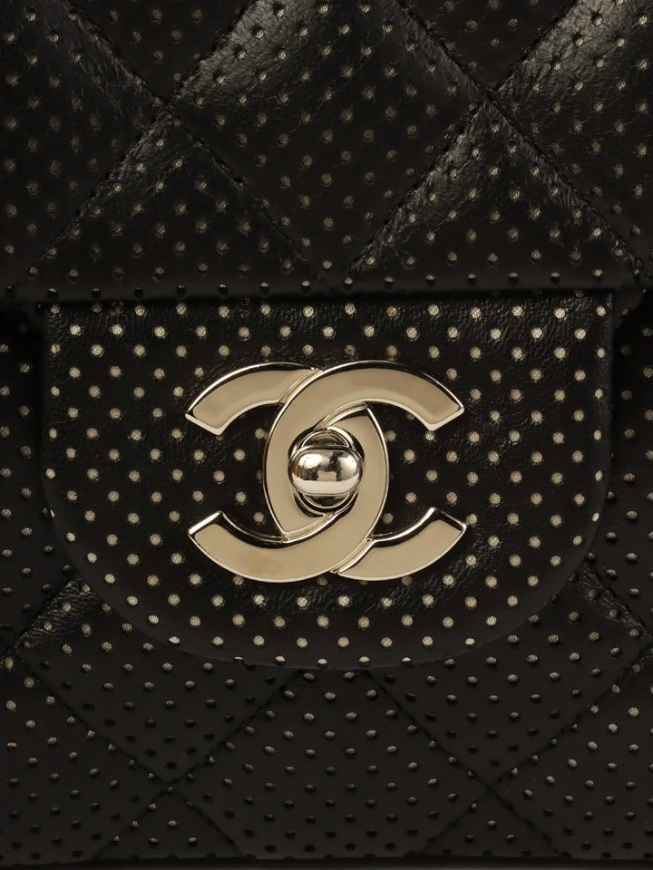 Chanel Around 2007 Punching Leather Turn-Lock Chain Shoulder Bag Black
