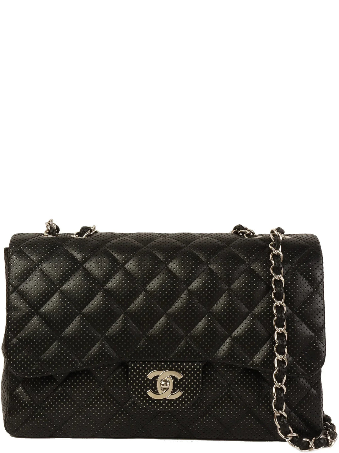Chanel Around 2007 Punching Leather Turn-Lock Chain Shoulder Bag Black