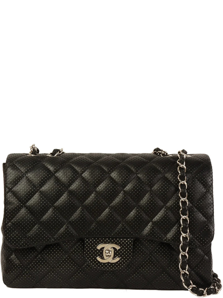 Chanel Around 2007 Punching Leather Turn-Lock Chain Shoulder Bag Black
