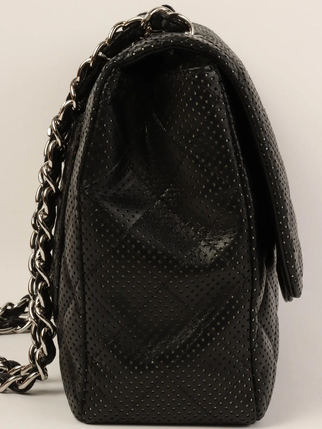 Chanel Around 2007 Punching Leather Turn-Lock Chain Shoulder Bag Black