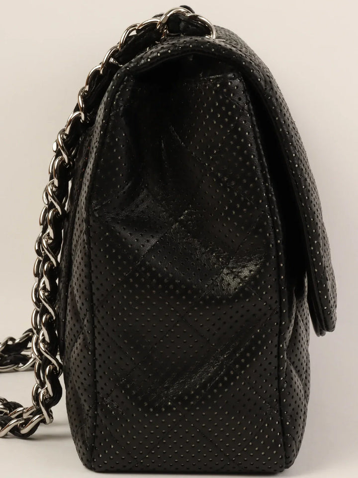 Chanel Around 2007 Punching Leather Turn-Lock Chain Shoulder Bag Black