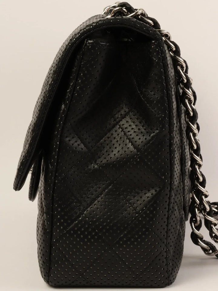 Chanel Around 2007 Punching Leather Turn-Lock Chain Shoulder Bag Black