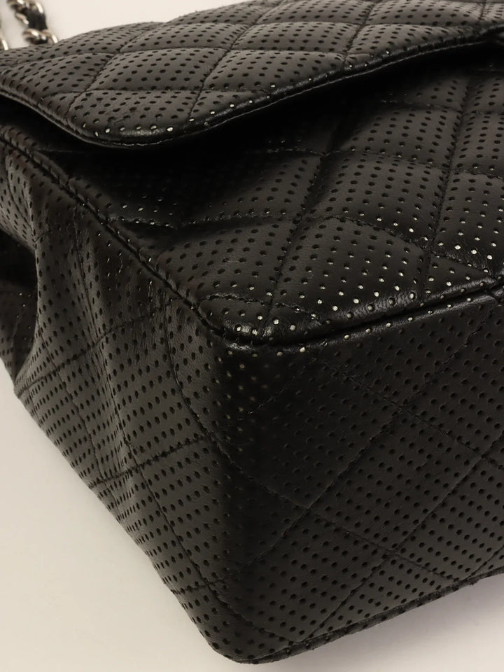 Chanel Around 2007 Punching Leather Turn-Lock Chain Shoulder Bag Black